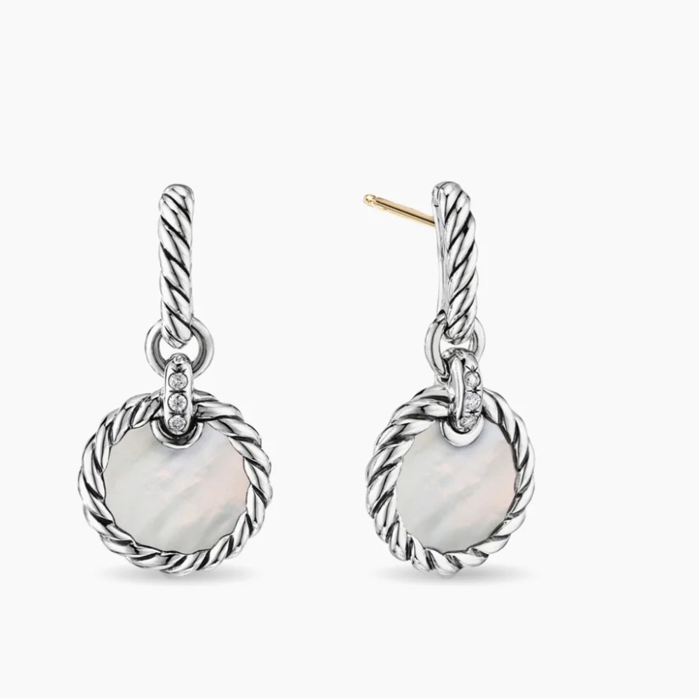 New with tag silver mother of pearl with diamonds earrings. 25mm